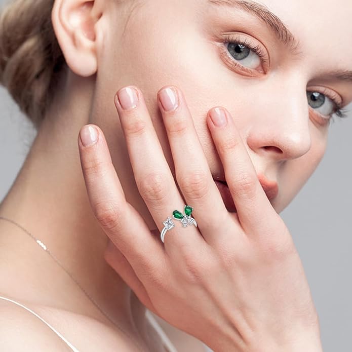 925 Sterling Silver Drangonfly/Butterfly Open Finger Rings Adjustable Dainty Gemstone Sapphire Emerald Green Ring for Women Round/Pear/Princess Engagement Promise Ring