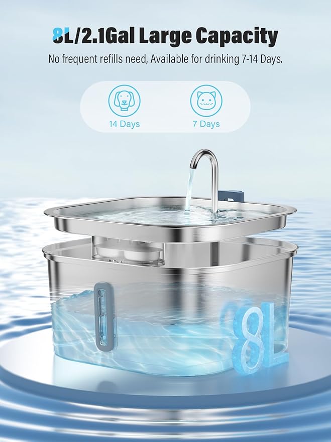 Dog Water Fountain for Large Dogs, 8L/2.1Gal Stainless Steel Pet Water Fountain with Water Level Window, Automatic Dog Water Bowl Dispenser for S-L Dogs and Multi-Pets (with 6pcs Filters)-PurrikoPets