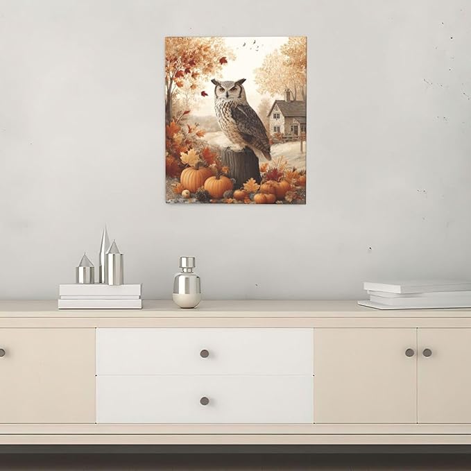 Fall Owl Wall Art Autumn Pumpkin Leaves Wall Decor Rustic Canvas Print Farmhouse Pictures Painting Print Framed Artwork Decorations Gifts for Living Room Bathroom Bedroom Office 20"x24"-PurrikoPets