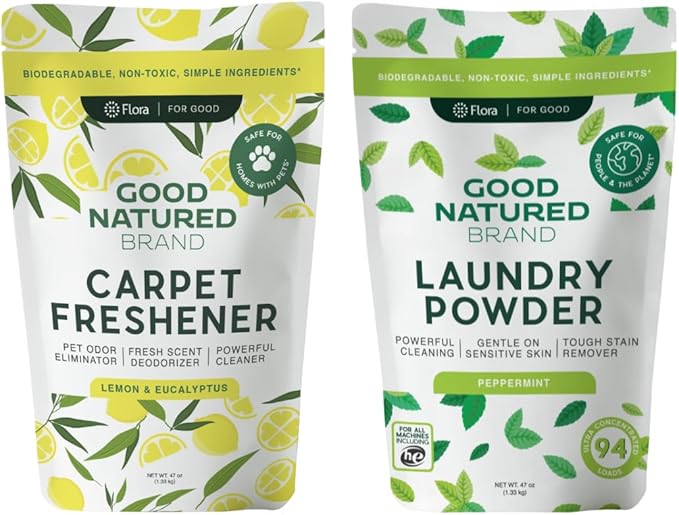 Good Natured Brand | Laundry Bundle | Carpet Freshener Lemon & Eucalyptus 47oz | Pet-Friendly Carpet Deodorizer | Laundry Powder Peppermint 47oz | Hypoallergenic Laundry Powder 94 Loads-PurrikoPets