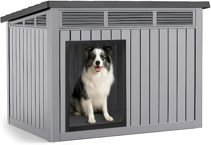 Dog House Indoor Outdoor,Resin Waterproof Puppy Shelter with Air Vents and Elevated Floor,Air Rod on Top to Open,Dog Kennel for Small to Medium Dogs(Grey,32.2 * 25.12 * 24.13)-PurrikoPets