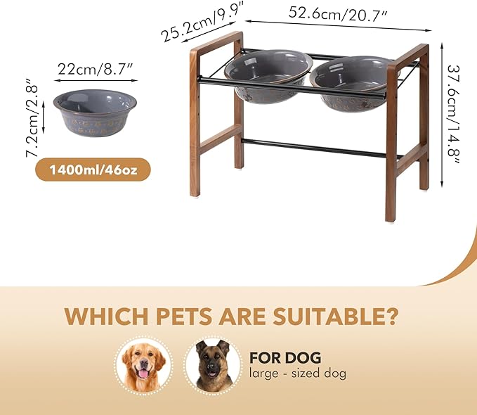 8.7inch Ceramic Adjustable Raised Double Bowls Set with Stand, 3 Heights Elevated, 2 Placement Options,Food and Water Dishes for Large Dog(Double Bowls+Stand, Reactived Glaze -Grey)-PurrikoPets