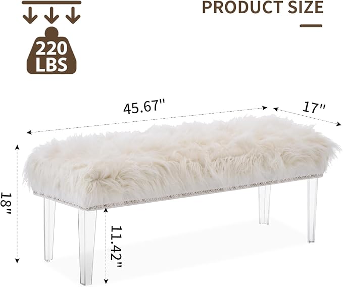 46 Inch White Bedroom Bench, Benches for Bedroom White Faux Fur Upholstered Bed end Bench, Tufting Ottoman Bench Indoor Bench with Acrylic Legs for Living Room Bedroom Entryway-PurrikoPets