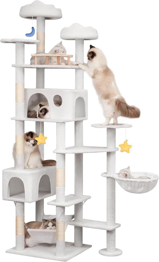 85in Tall Cat Tower for Heavy Duty Big Cats, Large Cat Tree with Scratching Post, Plush Perches, Cozy Cat Condos & Hanging Hammocks for Maine Coon, White-PurrikoPets