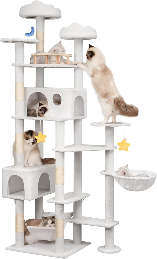 85in Tall Cat Tower for Heavy Duty Big Cats, Large Cat Tree with Scratching Post, Plush Perches, Cozy Cat Condos & Hanging Hammocks for Maine Coon, White-PurrikoPets