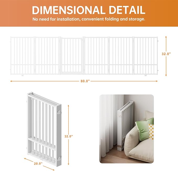 Full Metal Freestanding Dog Gate with Door, 32''Height Foldable Pet Dog Fence for Indoor & Outdoor, 6 Panels Extra Wide Free Standing TallDog Gates for Doorways,House,Stairs,Porch,Deck,Yard-PurrikoPets