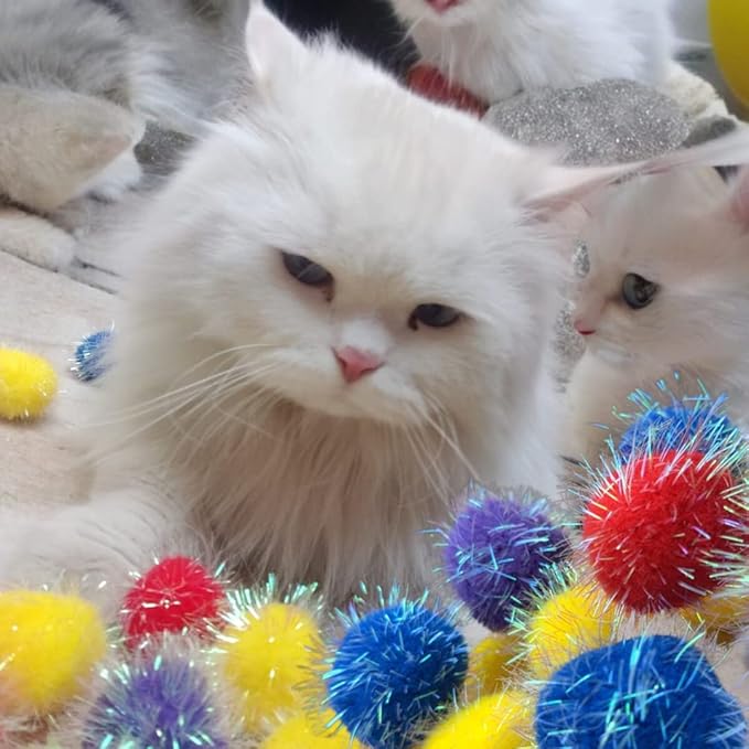 20 Pieces 2 inches Sparkle Pom Pom Balls for Cat - Interactive Glitter Balls, Multicolor, Best as Kitten Play Toys-PurrikoPets