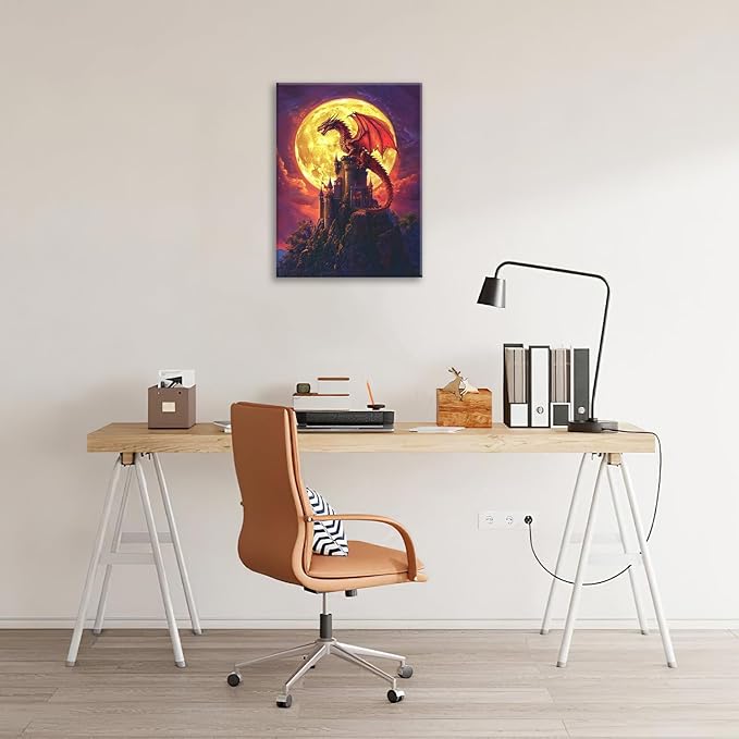 Dragon Bathroom Pictures Wall Art, Red Dragon Castle Bathroom Wall Decor, Framed Painting Canvas Artwork for Bedroom Living Room Decorations 20"L x 16"W-PurrikoPets