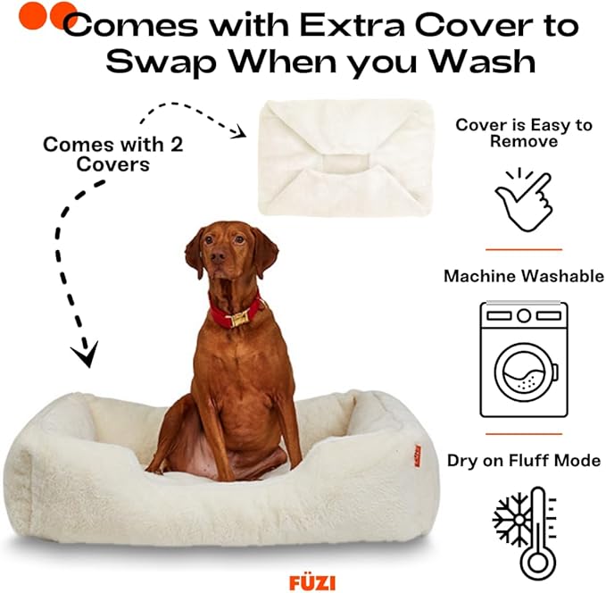 FUZI Luxury Aesthetic Dog Bed with Extra Cover for Large Dogs, Washable Pet Couch, Pet Bed with Sides, Non-Slip Bottom, Soft and Durable Calming Dog Bed, Faux Fur, Large 35.6x28.5x9.5 Soft White-PurrikoPets