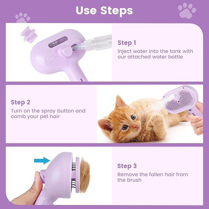 3 in 1 Cat Steam Brush, Pet Spray Hair Removal Comb for Shedding & Grooming, Water Brush for Cats Dogs Small Animals Long Short Haired with One-Click Release Button(Purple)-PurrikoPets
