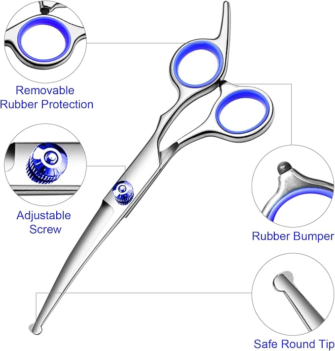 Professional Dog Grooming Scissors Kit, Titanium Coated Dog Scissors for Grooming, Grooming Shears Kit - Straight,Thinning, Curved Scissors and Comb for Dog Cat Pet (Blue 5 in 1)-PurrikoPets