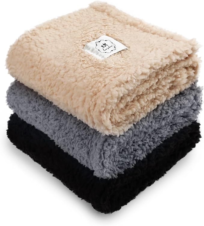 1 Pack 3 Calming Blankets Fluffy Premium Fleece Pet Blanket Soft Sherpa Throw for Dog Puppy Cat Beige/Black/Grey Small (23" x16'')-PurrikoPets