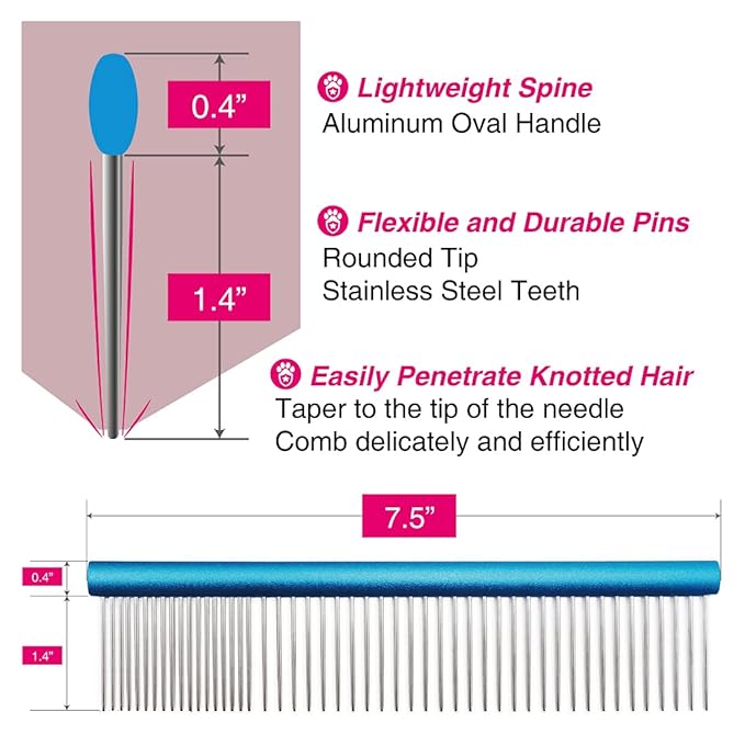 7.5" Greyhound Oval Grooming Comb – Blue Aluminum Spine, Stainless Steel Teeth Comb for Long-Haired Dogs & Cats, Removes Mats, Tangles, and Loose Fur – Lightweight for Long Time Deshedding-PurrikoPets
