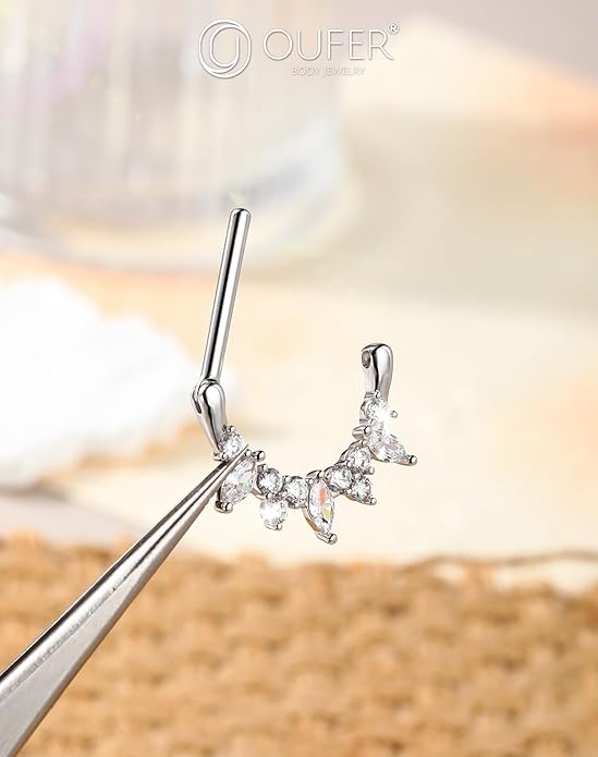 OUFER 2PCS Shield Nipple Rings for Women, 316L Surgical Steel Nipple Piercing Jewelry, Clear CZ Clicker Body Piercing Jewelry Barbells-14mm