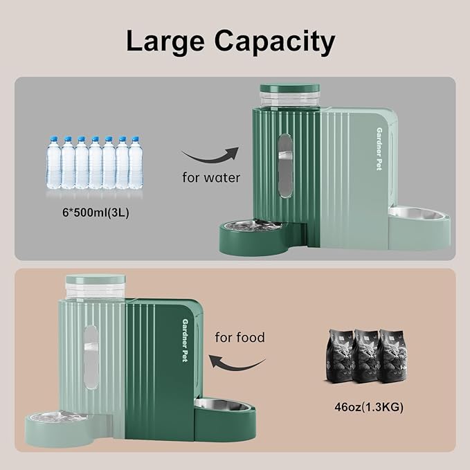 Gardner Pet Automatic Gravity Pet Feeder, 0.8 Gallons*2 Dog Feeder and Water Dispenser Set 100% BPA-Free, 2-in-1 Gravity Feeder with Stainless Steel Bowl for Dogs, Cats, Rabbits, Puppies (Green)-PurrikoPets