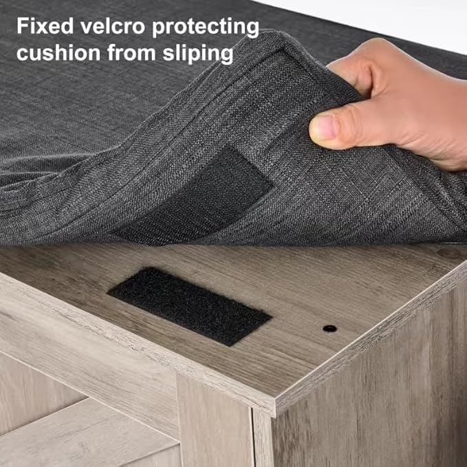 2-Tier Storage Bench, Shoe Bench with Padded Seat Cushion, Entryway Bench with 2 Barn Doors, Adjustable Shelf, 13.8" D x 27.6" W x 17.7" H, for Entryway, Living Room, Bedroom, Greige-PurrikoPets