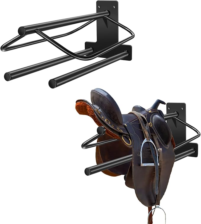 2Pcs Saddle Rack with Double Pad Bar,Heavy Duty Wall Mounted Saddle Rack Stand Saddle Pad Rack for English and Western Saddles,23.8x12.6x7.5 Inches-PurrikoPets