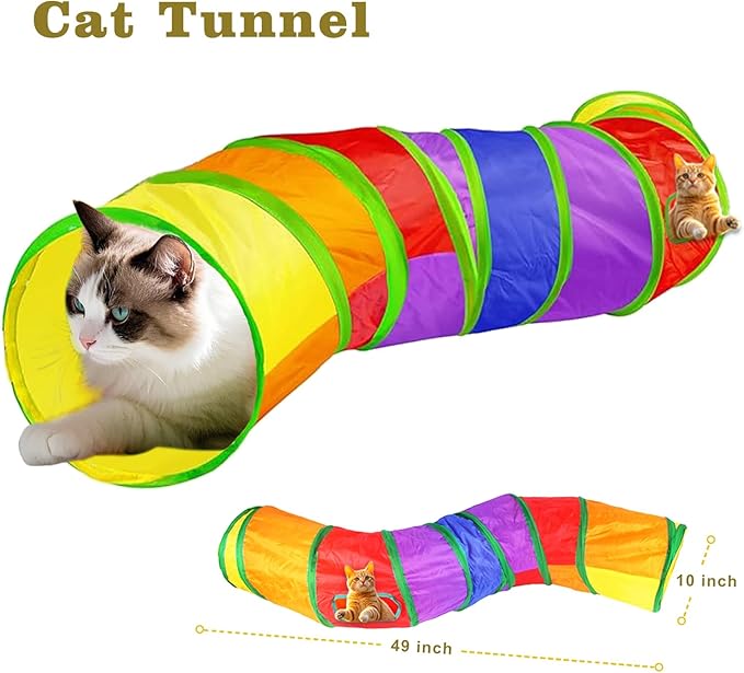 21-Piece Cat Toys Set, Interactive Tunnel, Balls, Mice, Feather Wands, Catnip Toys(Rainbow Cat Tunnel)-PurrikoPets