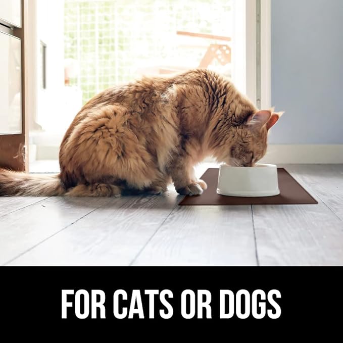 GORILLA GRIP 100% Waterproof Raised Edge BPA Free Silicone Pet Feeding Mat, Dog Cat Food Mats Contain Spills Protects Floors, Placemats for Cats and Dogs Water Bowl, Pets Accessories 16x10, Brown-PurrikoPets