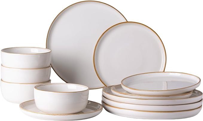 GBHOME Ceramic Dinnerware Sets for 4, 12 Pieces Stoneware Plates and Bowls Sets, Scratch Resistant Dishes, Dishwasher & Microwave Safe, Reactive Glaze-White-PurrikoPets