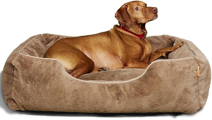 FUZI Luxury Aesthetic Dog Bed for Medium Dogs with Washable Cover, Pet Couch, Pet Bed with Sides, Non-Slip Bottom, Soft and Durable Calming Dog Bed, Faux Rabbit Fur, Medium 31.75x23.6x9.5 Light Brown-PurrikoPets