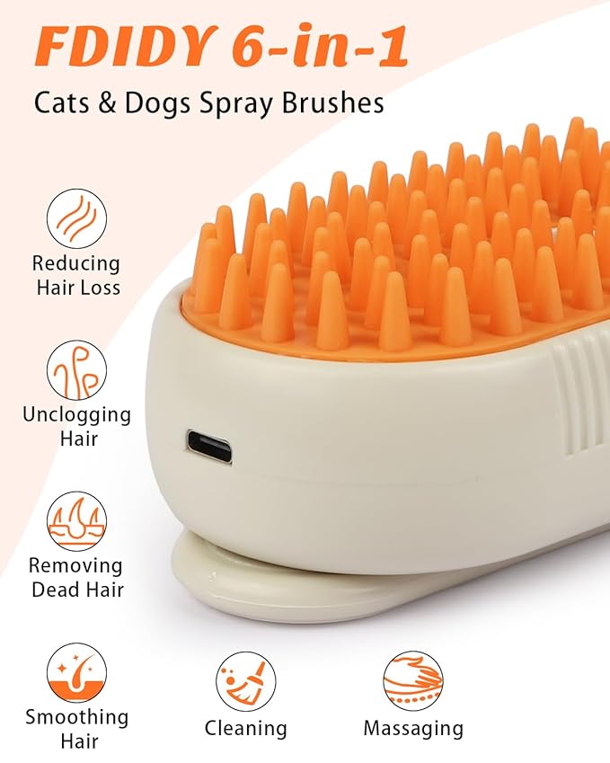 6 in 1 Cat Steam Brush for Shedding, Portable Anti-Static Grooming Comb for Cats & Dogs, Steam Misting Water Brush, Self-Cleaning Pet Hair Remover, Indoor Cat Spray Brushes for Cats & Dogs-PurrikoPets