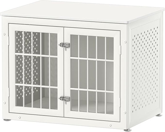 32" Heavy Duty Dog Crate Furniture for Small and Medium Dogs, Metal Kennel for High Anxiety Dogs, Chew Proof Pet Cage Indoor, Decorative Dog Kennel End Table, White-PurrikoPets