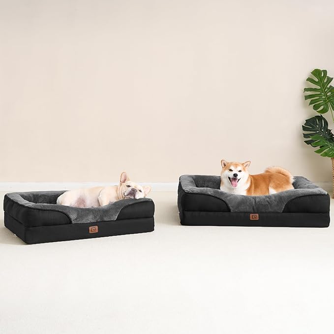 EHEYCIGA Memory Foam Dog Bed for Medium Size, Orthopedic Dog Sofa with Sides and Waterproof Liner, Washable Bolster Pet Bed Couch with Removable Cover, 30x20x6.5 Inch, Grey/Black-PurrikoPets