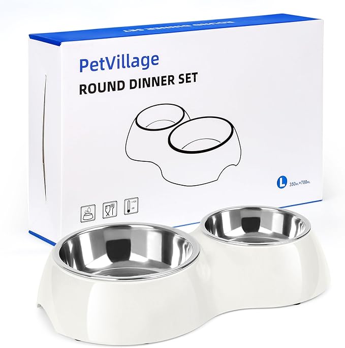 Elevated Dog Bowls Set - Non-Slip Raised Pet Feeder with Medium (10 oz) & Large (20 oz) Stainless Steel Bowls - Includes Durable Resin Stand for Puppies, Adult Dogs & Cats - White-PurrikoPets