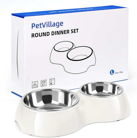 Elevated Dog Bowls Set - Non-Slip Raised Pet Feeder with Medium (10 oz) & Large (20 oz) Stainless Steel Bowls - Includes Durable Resin Stand for Puppies, Adult Dogs & Cats - White-PurrikoPets
