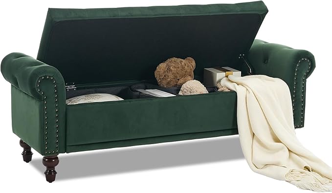 58.1'' Storage Bench Upholstered Velvet End of Bedroom Bed Bench Ottoman with Tufted Cushioned Rolled Arm Large Storage Space for Reading Living Room Entryway,Dark Green-PurrikoPets