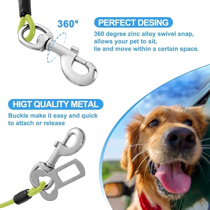 Dog Seat Belt Harness for Car,Dog Seatbelt of Coated Wire Leash Safety Restraint,No Chew Tether Cable Vehicle,Double Clips & Latch(Green, 24 inch/60 CM)-PurrikoPets