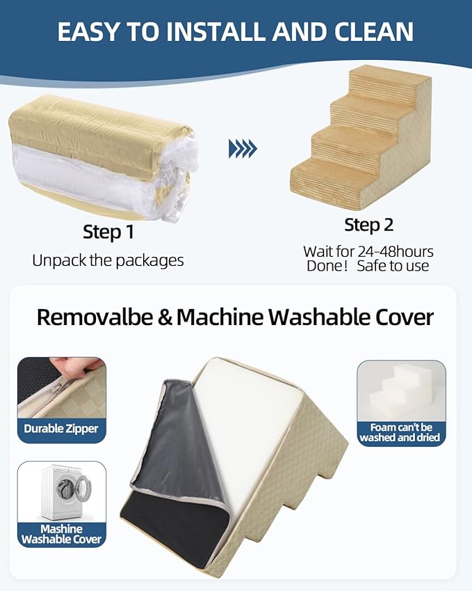 Dog Stairs for Small Dogs,17.5" H,4-Step Dog Steps for Bed and Couch with High Density Foam,Non-Slip Pet Steps for Doggy and Cat,Pet Stairs with a Washable Cover,Khaki-PurrikoPets