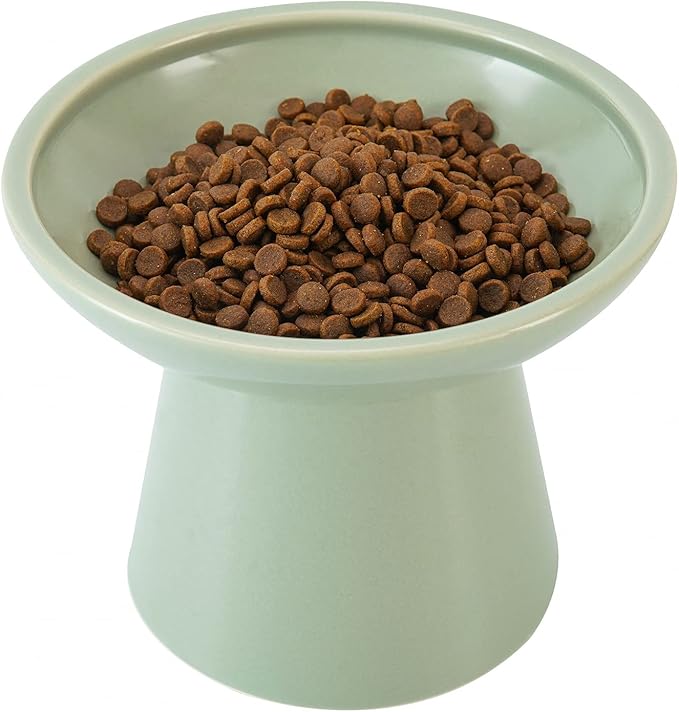 Extra Wide Elevated Ceramic Cat Food Bowl - 6.2" Shallow Dish for Whisker Fatigue Relief, 5" Height for Easy Feeding, Lead & Cadmium Free, Durable Raised Cat Food Bowls, Sage Green-PurrikoPets