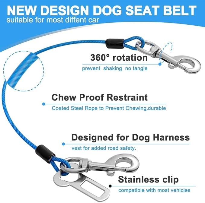 Dog Seat Belt Harness for Car,Dog Seatbelt of Coated Wire Leash Safety Restraint,No Chew Tether Cable Vehicle,Double Clips & Latch(Blue, 16 inch/40 CM)-PurrikoPets
