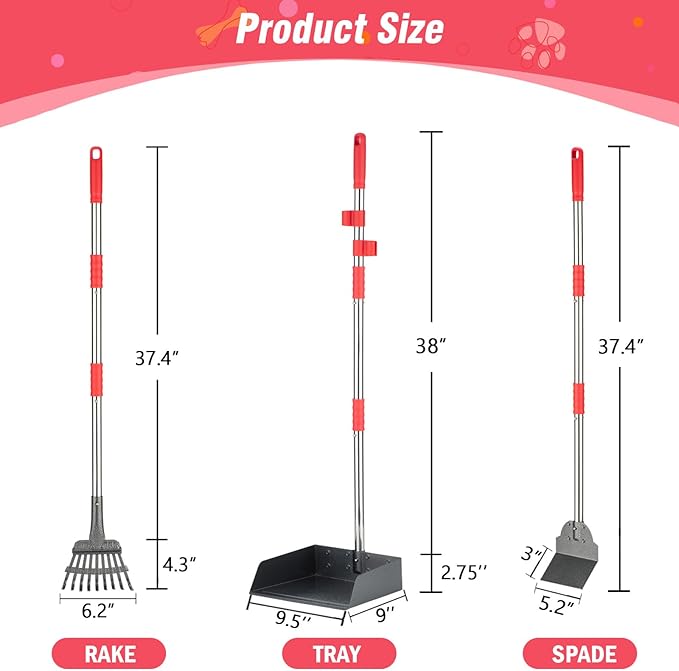Dog Pooper Scooper Set, Pooper Scooper for Dog, Heavy Duty Stainless Steel Rake with Extra Large Tray & Spade No Bending Clean Up for Pet Waste Removal, for Grass, Dirt Or Gravel.-PurrikoPets