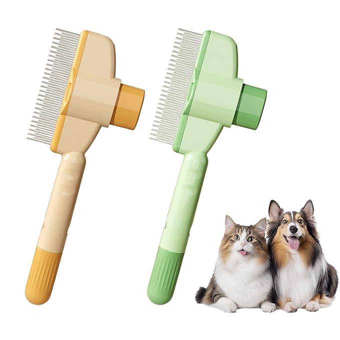 2-Pack Pet Hair Removal Comb & Flea Comb with Release Button for Cats & Dogs - Grooming Brush for Short/Long Hair Green & Yellow-PurrikoPets