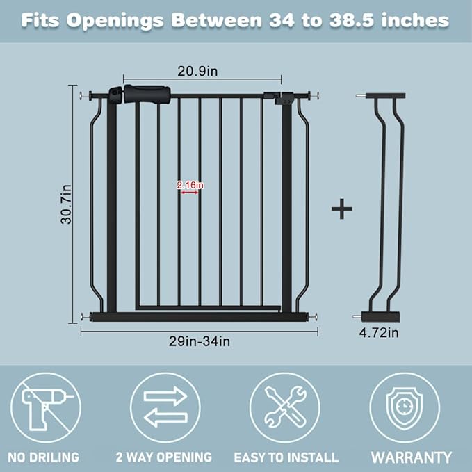 Extra Wide Baby Gate Black 34-38.5 Inch Wide Walk Through Pressure Mounted No Drill Long and Large Tension Metal Gate for Dog and Toddler-PurrikoPets