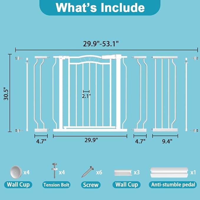 Extra Wide Baby Gate for Doorways 29.9"-53.1", Pressure Mounted Dog Gates With Door, Child Safety Barrier Walk Thru Indoor, Large Babygate Long for Kids Toddler Pet Outside, 30 In Tall White-PurrikoPets