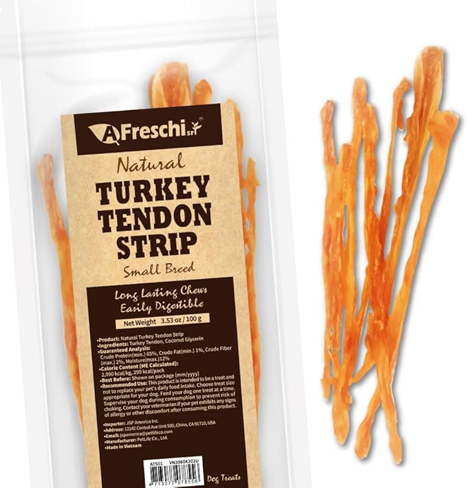 Afreschi Turkey Tendon Dog Treats, Strip 3.53 oz, USA Sourced Turkey, All Natural Human Grade Puppy Chew, Hypoallergenic, Rawhide Alternative, for Small Breeds-PurrikoPets