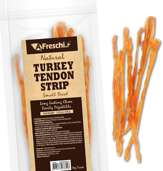 Afreschi Turkey Tendon Dog Treats, Strip 3.53 oz, USA Sourced Turkey, All Natural Human Grade Puppy Chew, Hypoallergenic, Rawhide Alternative, for Small Breeds-PurrikoPets