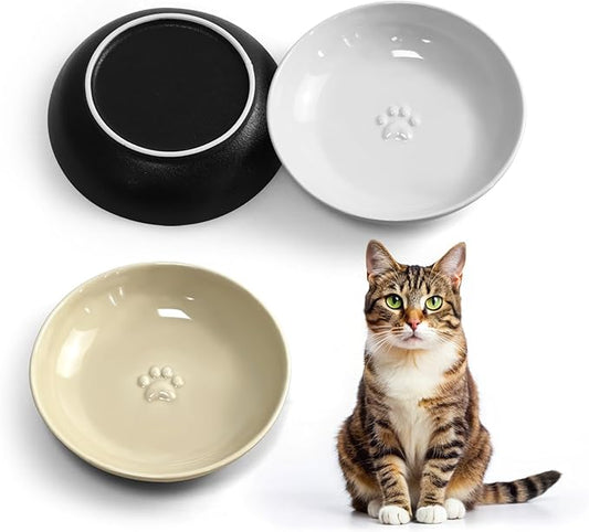 3PCS Cat Food Bowl,Ceramic Cat Dish for Indoor Cats,Wide Shallow Cat Bowls for Dry and Wet Food,Anti Whisker Fatigue Cat Plates for Kitten Cats or Dogs-PurrikoPets
