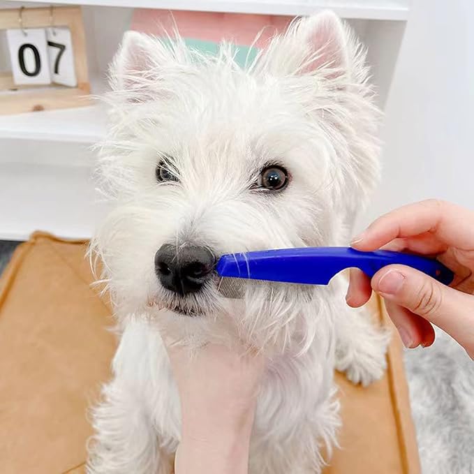 Flea Comb Lice Comb Cat & Dog Pet Grooming Combs Tear Stain Remover Remove Mucus Crust 2-in-1 Metal Round Smooth Teeth Comb Remove Floating Hair Tangles Dander (blue)-PurrikoPets