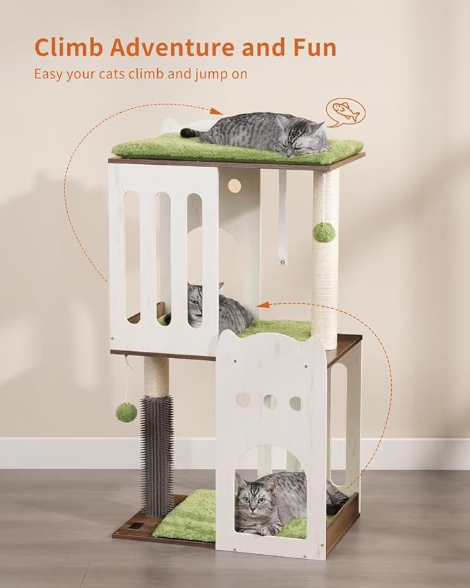 FourFurPets 43.7in 3-Tier Modern Cat Tree Tower Condo, Cat Scratch Posts for Indoor Cats, Big Plate, Two 19.7in Full Sisal Scratching Posts, White-PurrikoPets
