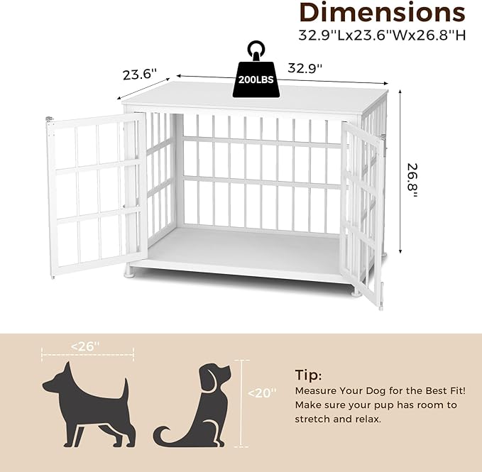 32 Inch Heavy Duty Wooden Dog Kennel End Table with Double Door Design and Secure Locks, Indoor Pet Crate Furniture for Medium Dogs, Decorative Home Cage Design,White-PurrikoPets