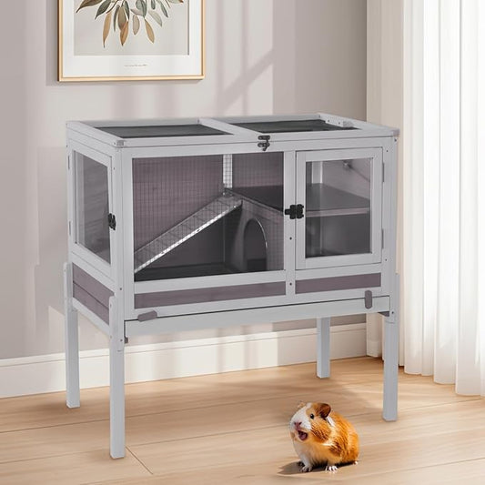 Aivituvin 2-Story Rabbit Hutch with Anti-Chew Ramp & Zinc Sheet - 36.6" Indoor Guinea Pig Cage, Wooden Stand, Pull-Out Tray & Leakproof Floor (Grey)-PurrikoPets
