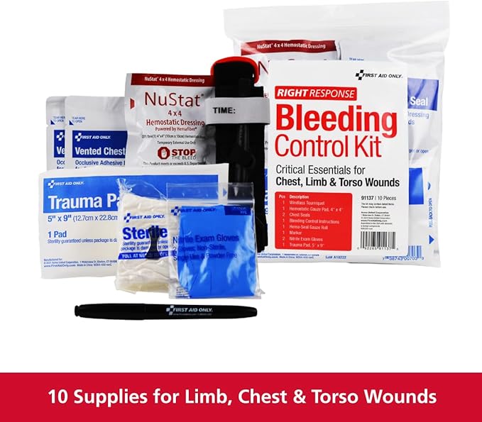 First Aid Only 91137 Critical Essentials Bleeding Control Kit for Chest, Limb & Torso Wounds, 10 Pieces-PurrikoPets