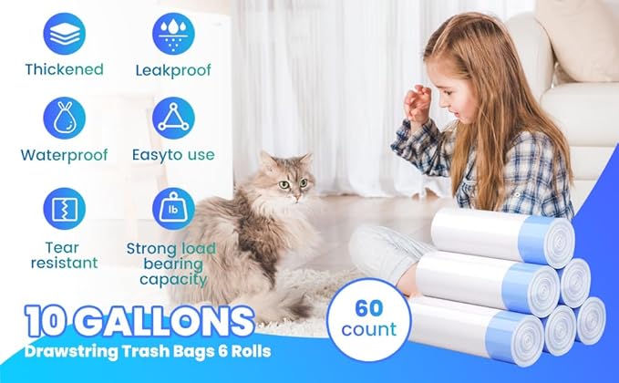 60 Pack Large Cat Litter Bags - 3MIL Extra Thick Leakproof Litter Box Liners, 31"x18" Heavy Duty Drawstring Cat Litter Liners for Automatic Litter Box, Odor Control Disposable Kitty Litter Bags 6 Roll-PurrikoPets