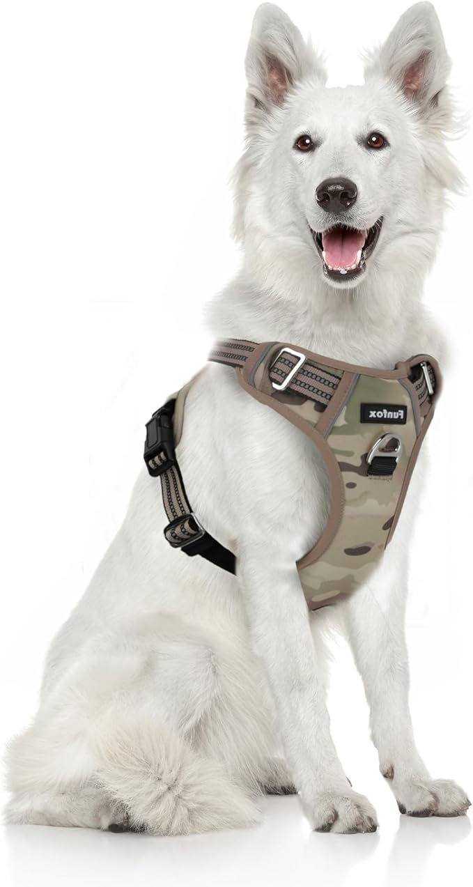 Funfox Dog Harness No Pull, Adjustable Pet Vest Harness, Super Soft Material with Vertical Handle Easy Control, Reflective Night Walking, 2 Leash Clips for XLarge Dogs, Camo Brown, XL-PurrikoPets
