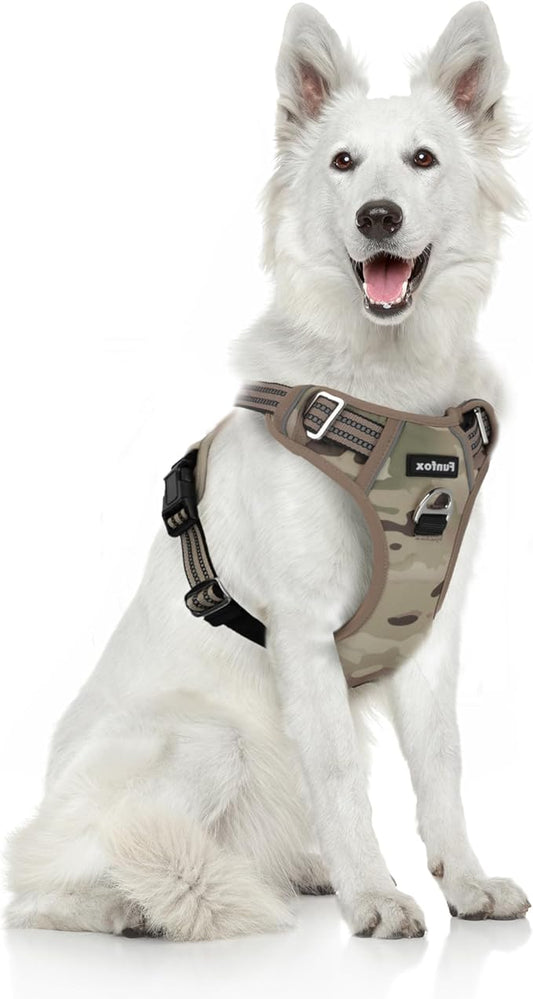 Funfox Dog Harness No Pull, Adjustable Pet Vest Harness, Super Soft Material with Vertical Handle Easy Control, Reflective Night Walking, 2 Leash Clips for XLarge Dogs, Camo Brown, XL-PurrikoPets